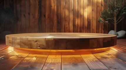 Fototapeta premium Polished Wood Podium in Cozy Cabin - Natural Light