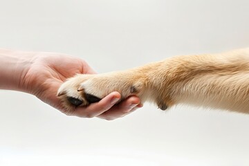 Person shaking hands with dog. Dog paw and human hand completing contract. Connection between human and dog. Pet care, vet advertising, dog and cat treatment, animal trust, agreement.