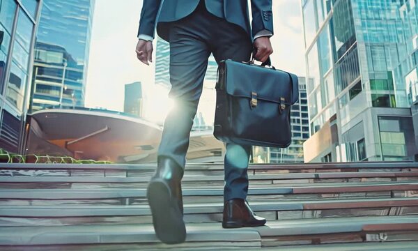 Businessman walking up the stairs in the city