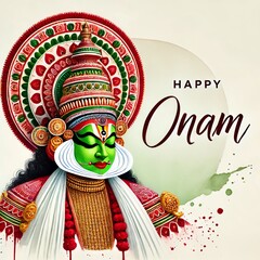 Happy onam watercolor card illustration with kathakali dancer portrait.