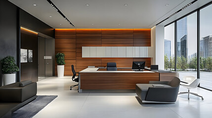 Modern office interior design with a large desk, wood paneling and city view.