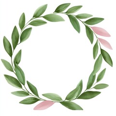 Elegant botanical wreath featuring green and pink leaves, perfect for invitations, decor, and various design projects.
