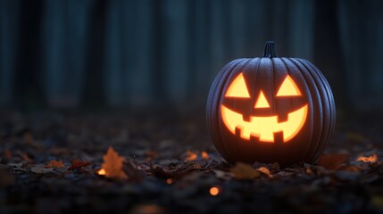 A glowing Halloween pumpkin surrounded by autumn leaves in a misty forest, evoking a festive and eerie atmosphere.