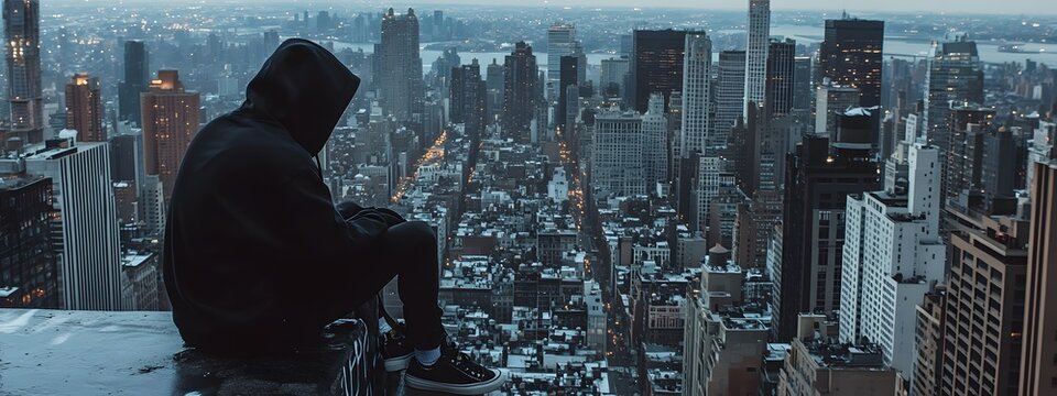 A hooded man sitting on the edge of an apartment building overlooking buildings in New York City, wearing all black , in the style of a dark cinematic shot.