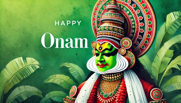 Watercolor illustration for onam with traditional kathakali dancer portrait.