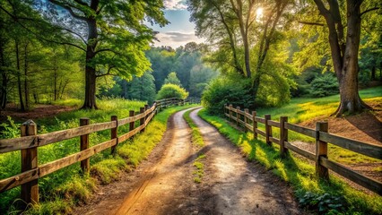 Fototapeta premium A worn dirt path diverges into two separate routes, symbolizing life's choices and decisions, set against a serene natural backdrop of lush greenery and rustic wooden fencing.