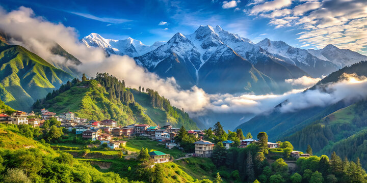 Snow-capped Himalayan mountains tower above lush green valleys and villages in Himachal Pradesh, India, surrounded by serene misty atmosphere and majestic natural beauty.
