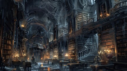 A mystical library where skeletal scholars pore over ancient tomes illuminated by the soft glow of spiderweb lanterns.