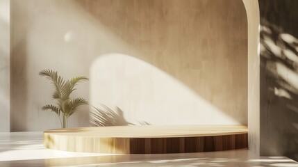 Fototapeta premium Minimalist Wooden Podium on Pristine Backdrop - Natural Lighting