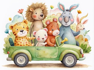 Vibrant watercolor illustration of a whimsical safari scene featuring a lion, hippopotamus, giraffe, bear, rabbit, and mouse riding together in a car, isolated on white.