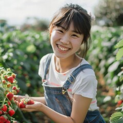 Happy young woman picking fresh strawberries in a field.