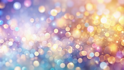 Fototapeta premium Soft focus, pastel-hued bokeh banner background featuring pale pink, purple, blue, gold, yellow, white, and silver abstract blur, perfect for creative designs and celebrations.