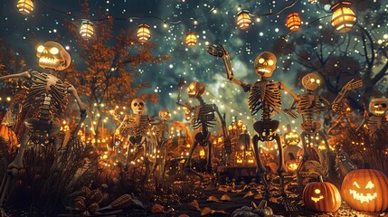 A playful and whimsical scene of skeletons throwing a lively Halloween party under a starry sky, with lanterns and pumpkins glowing in the background.