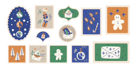 Set of holiday-themed stamps featuring Christmas decorations, gifts, gingerbread and festive envelopes in a whimsical style. Vector hand drawn collection