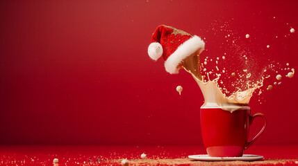 Trendy fun coffee splash santa hat on red background coffee shops baristas cafe diner bakeries holiday promotions websites social media advertising Christmas decor beverage menu banner tea hot choc