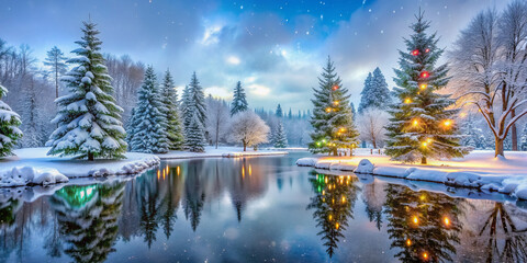 Obraz premium Snowflakes gently fall on festive evergreen trees and frozen pond, creating a serene winter wonderland scene on a magical Christmas morning.