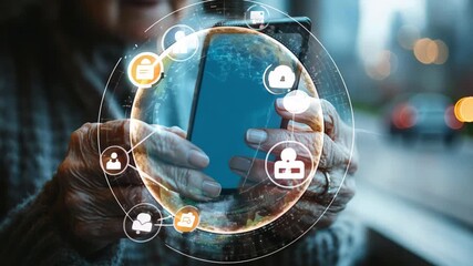 The hands of an elderly person using a phone, with notification icons hovering over the smartphone screen, social media and digital elderly men or women connection, communication - Powered by Adobe