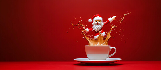 Dancing Santa coffee splash in white cup on red background for cafes coffee shops baristas bakeries christmas decor promotions holiday marketing social media advertising festive drink designs