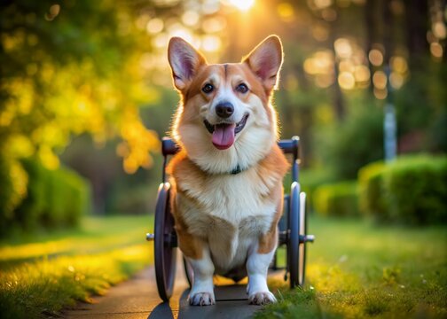 Adorable senior Pembroke Welsh corgi in wheelchair, overcoming neurological paralysis, showcasing resilience and determination, enjoying outdoor therapy session, seeking comfort and mobility.