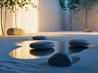 Zen Garden with Smooth Stones and Soft Lighting in Tranquil Interior