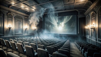 A dimly lit vintage cinema interior with a giant screen showcasing a haunting black-and-white movie, eerie shadows dancing on walls, and suspenseful scenes unfolding in smoke-filled air.