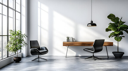 Modern office interior with desk, chairs and plants.