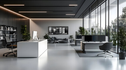 Fototapeta premium Modern office interior with desk, chairs, and plants.