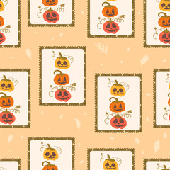 Halloween Pumpkins checked seamless pattern. Bento box repeat background. Jack o lantern retro stamps endless surface design. Vector hand drawn flat illustration.