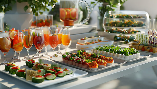 Luxury Snack table ready for event. Food and drink catering. Festively decorated beautiful big table full of food ready for guests.Horizontal color photography.