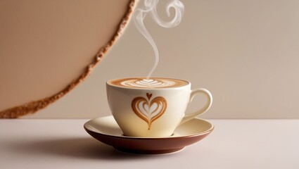 Obraz premium White coffee cup with heart shape design on it and intricate Espresso Latte art on white wooden table with steam coming out, with copy space, International Coffee Day celebration, 1st October
