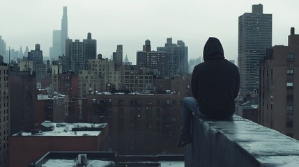 A hooded man sitting on the edge of an apartment building overlooking buildings in New York City, wearing all black , in the style of a dark cinematic shot.