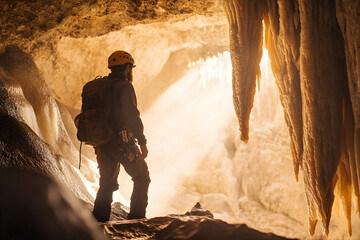 Cave explorer (Speleologist). Rare specialty concept. Man in the cave.