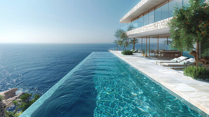 Fototapeta premium Serene Retreat: Infinity Pool Merging with the Horizon