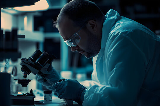 Forensic pathologist in a white robe wearing glasses in the laboratory. Caucasian scientist at work.