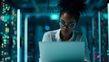Young African Woman Uses Laptop Computer in Server Room