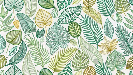Intricate hand-drawn foliage line art vector featuring tropical leaf patterns on a crisp white background, ideal for fabric design, textiles, and summer-inspired projects.