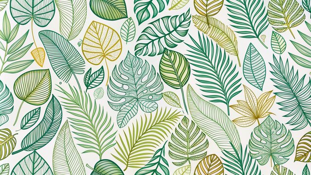 Intricate hand-drawn foliage line art vector featuring tropical leaf patterns on a crisp white background, ideal for fabric design, textiles, and summer-inspired projects.