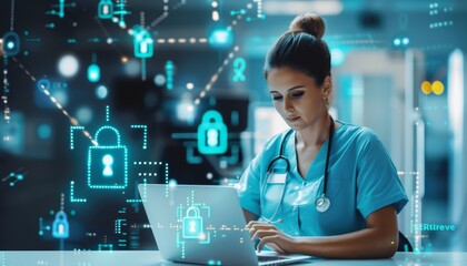 Cybersecurity Healthcare Professional Working on Laptop