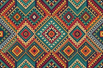 Vibrant Aztec-inspired ethnic seamless pattern featuring geometric ornaments, intricate prints, and tribal motifs in a mesmerizing vintage style, perfect for textile and design projects.