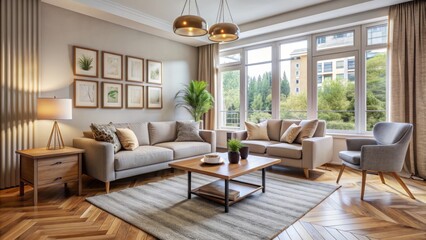 Cozy living room with modern furniture, large window, and neutral colors, indicating a comfortable and welcoming atmosphere in a leased residential property.