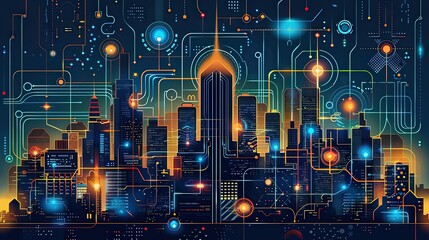 Naklejka premium Technological advancements, futuristic cityscape, flat design illustration