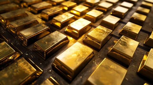 Close-up of a collection of gold bars arranged in a secure vault, with the emphasis on their lustrous surfaces and the secure environment.