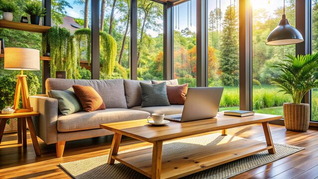 Cozy modern living room with a laptop open on a wooden desk in front of a comfortable sofa and a large window with soft natural light.