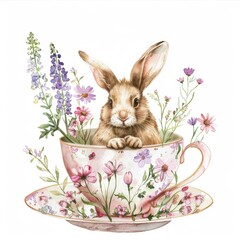 A cute bunny sits inside a floral teacup surrounded by colorful flowers, ideal for greeting cards, children's room decor, or springtime event invitations,