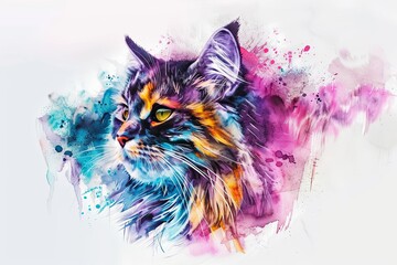A colorful watercolor painting of a Siberian cats head
