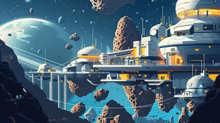 Obraz premium Space habitats, asteroid colonies, flat design illustration