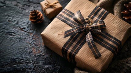 Rustic Plaid Ribbon Wrapped Gift Box with Cozy and Charming Holiday Concept