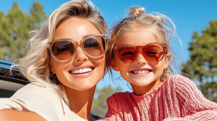 Mother and daughter smiling together in sunglasses on a sunny day, enjoying outdoor fun and quality family time
