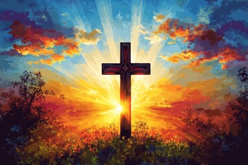 Fototapeta premium Cross Sunset Serenity Christianity Religion Spiritual Symbol - Generative AI