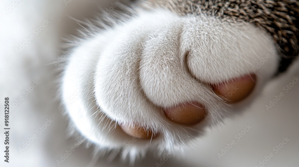 Poster close-up of an overweight cat paw, showing the soft pads and fur in detail, with the background soft